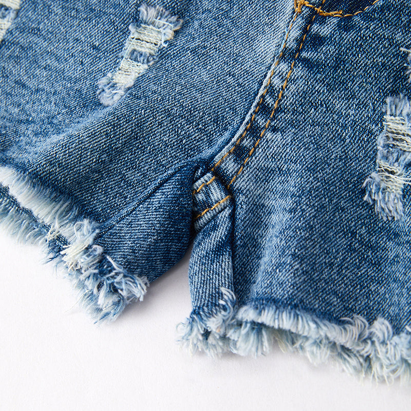 (In Stock)Girls Spring and Summer Stylish Print Denim Shorts Set