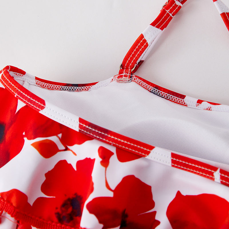 (In Stock)Adults Summer Red Floral Print Swimsuit