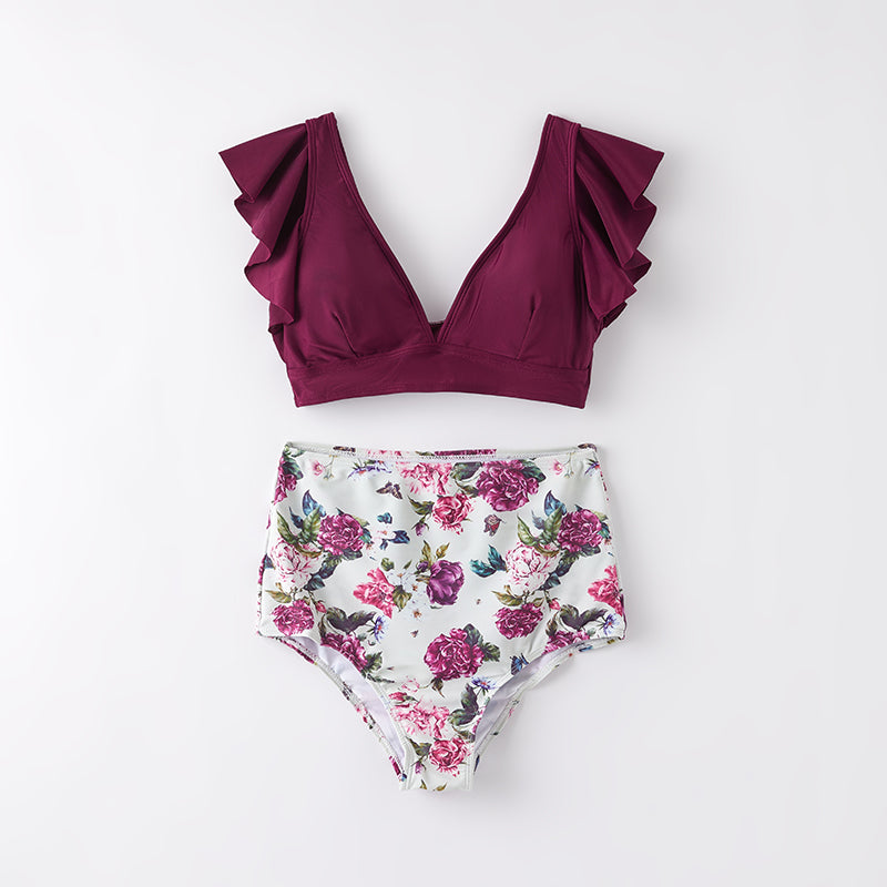 (In Stock)Adults Summer Fuchsia Rose Print Swimsuit