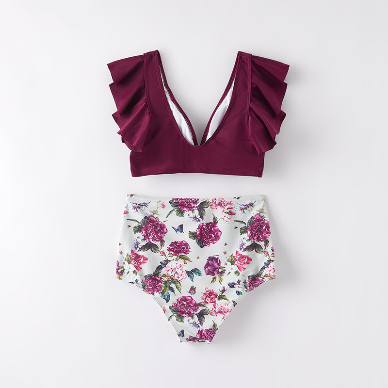 (In Stock)Adults Summer Fuchsia Rose Print Swimsuit