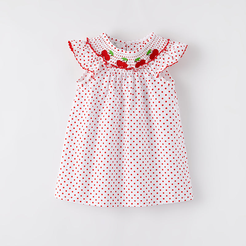 (In Stock)Girls Spring and Summer Cherry Embroidery Smocked Dress