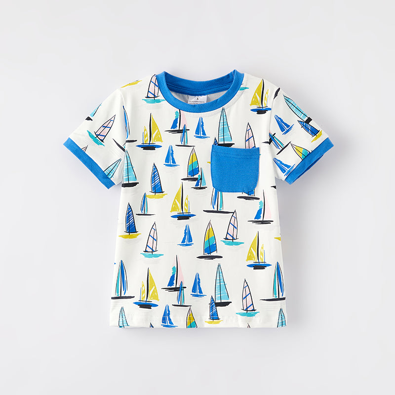 (In Stock)Boys Spring and Summer Sailboat Print Top
