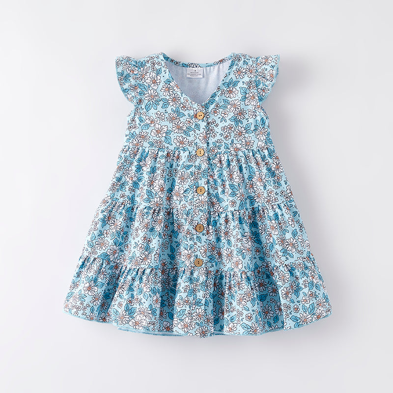 (In Stock)Mommy and Me Spring and Summer Light Blue Floral Print Dress