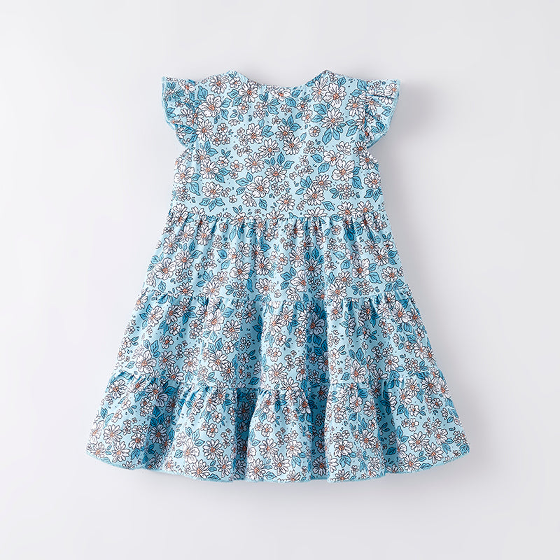 (In Stock)Mommy and Me Spring and Summer Light Blue Floral Print Dress