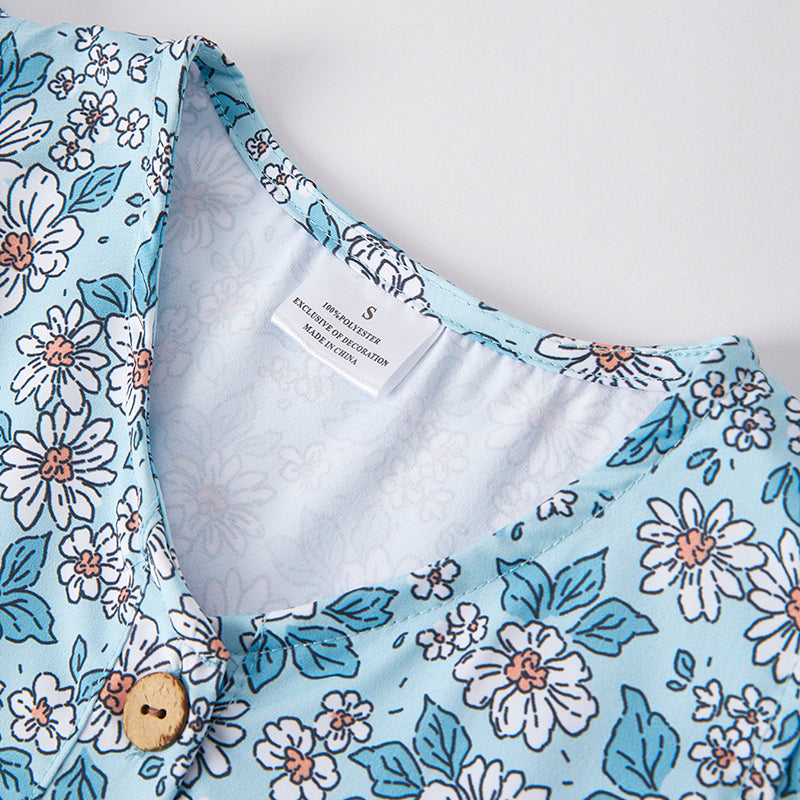 (In Stock)Mommy and Me Spring and Summer Light Blue Floral Print Dress