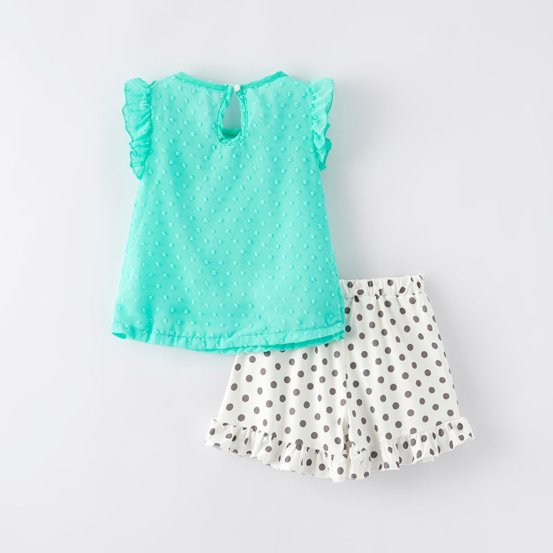 (In Stock)Girls Spring and Summer Mint Swiss Dot Top Milk Silk Shorts Set