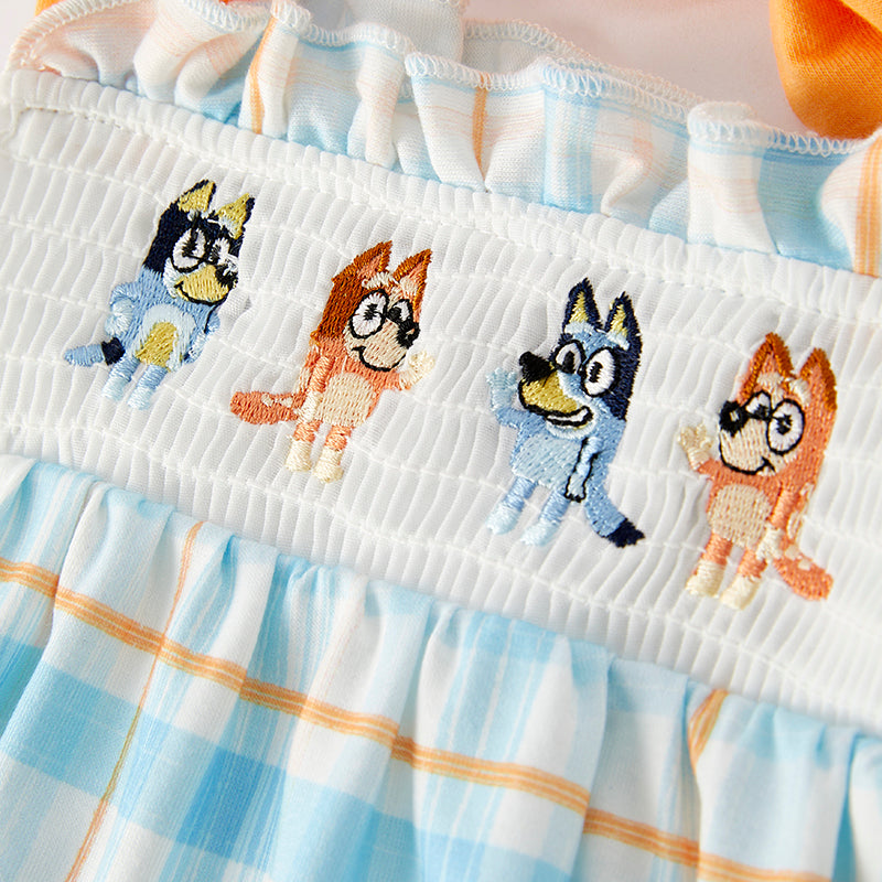 (In Stock)Toddler Girls Spring and Summer Cartoon Embroidery Smocked Romper