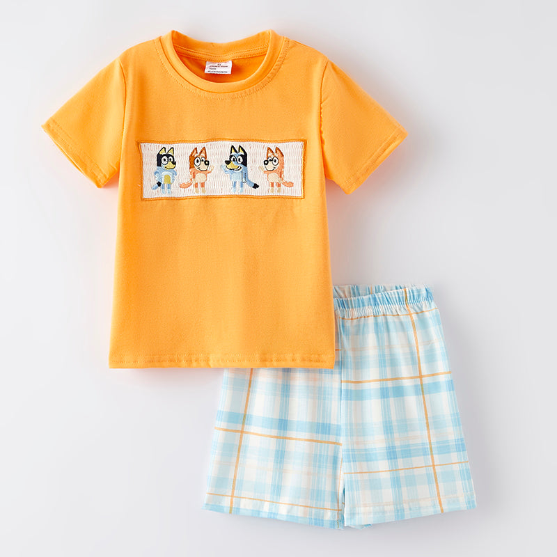 (In Stock)Boys Spring and Summer Cartoon Embroidery Smocked Shorts Set