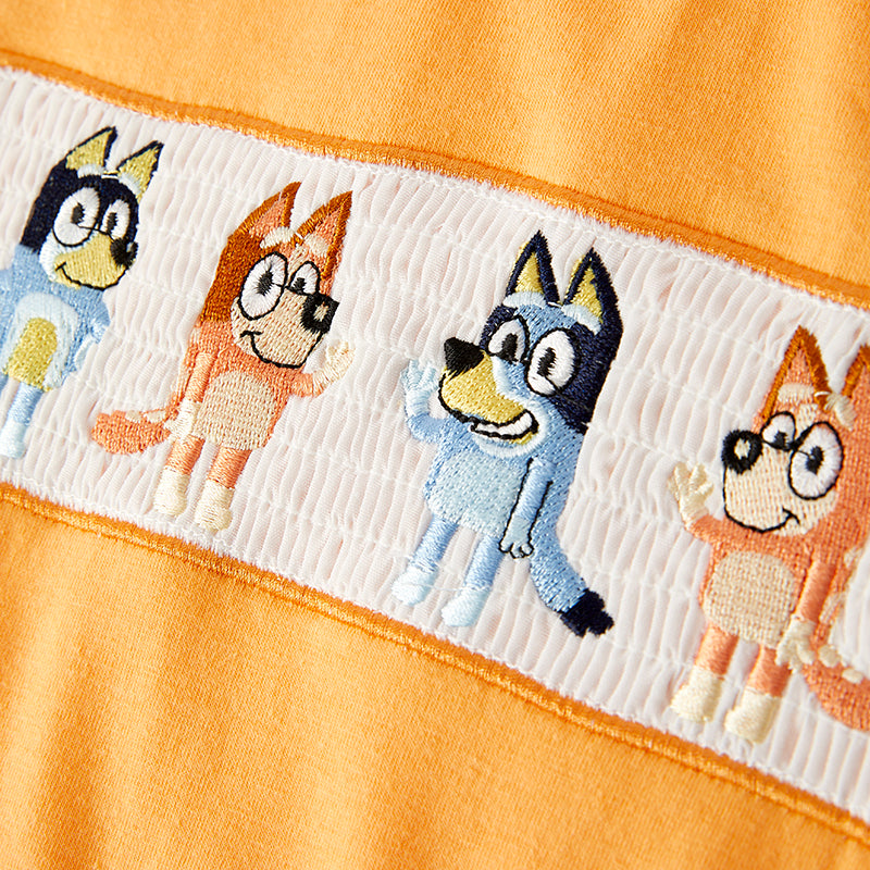 (In Stock)Boys Spring and Summer Cartoon Embroidery Smocked Shorts Set