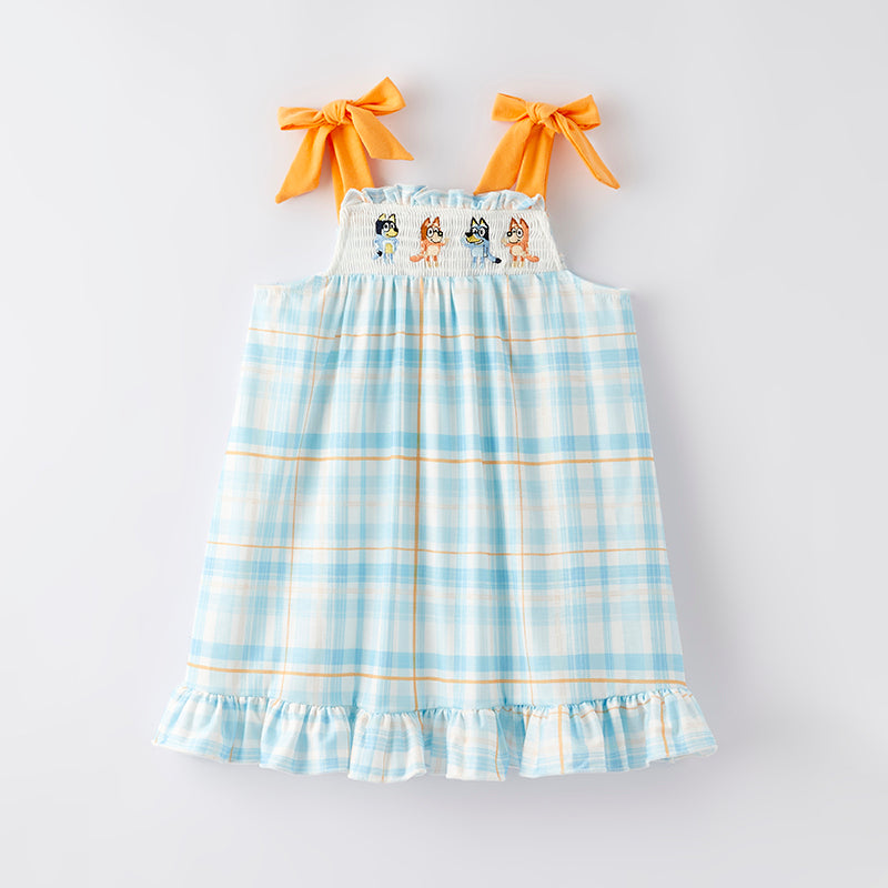 (In Stock)Girls Spring and Summer Cartoon Embroidery Smocked Dress