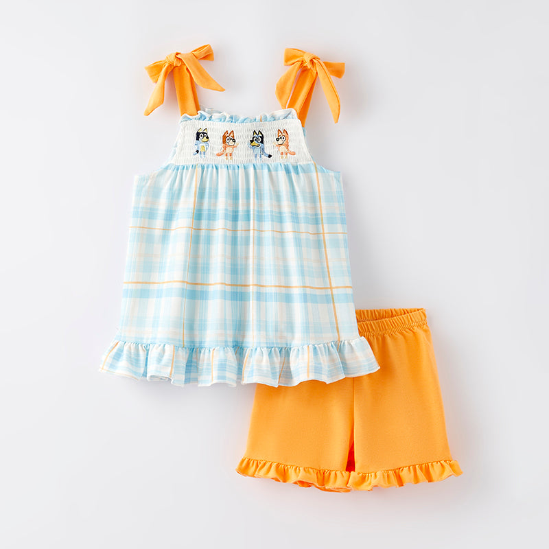 (In Stock)Girls Spring and Summer Cartoon Embroidery Smocked Shorts Set