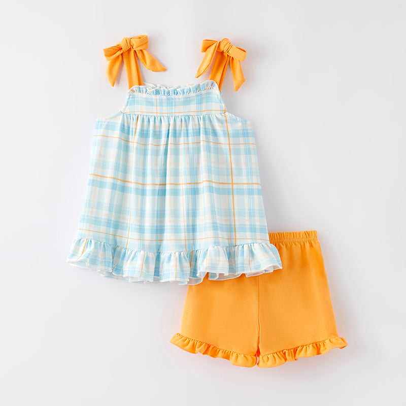 (In Stock)Girls Spring and Summer Cartoon Embroidery Smocked Shorts Set