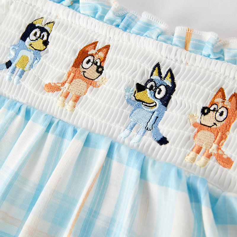 (In Stock)Girls Spring and Summer Cartoon Embroidery Smocked Shorts Set