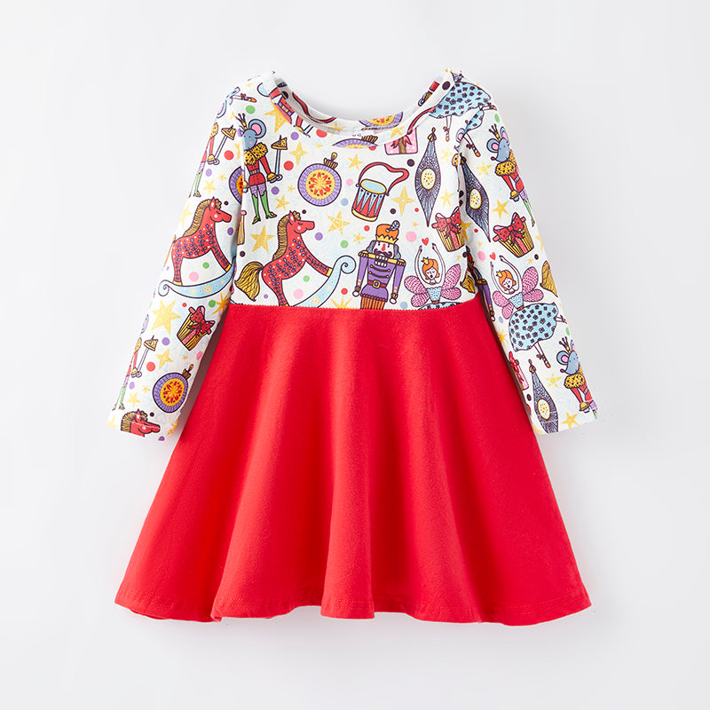 (In Stock L8-2-3)Girls Christmas Nutcracker Print Dress