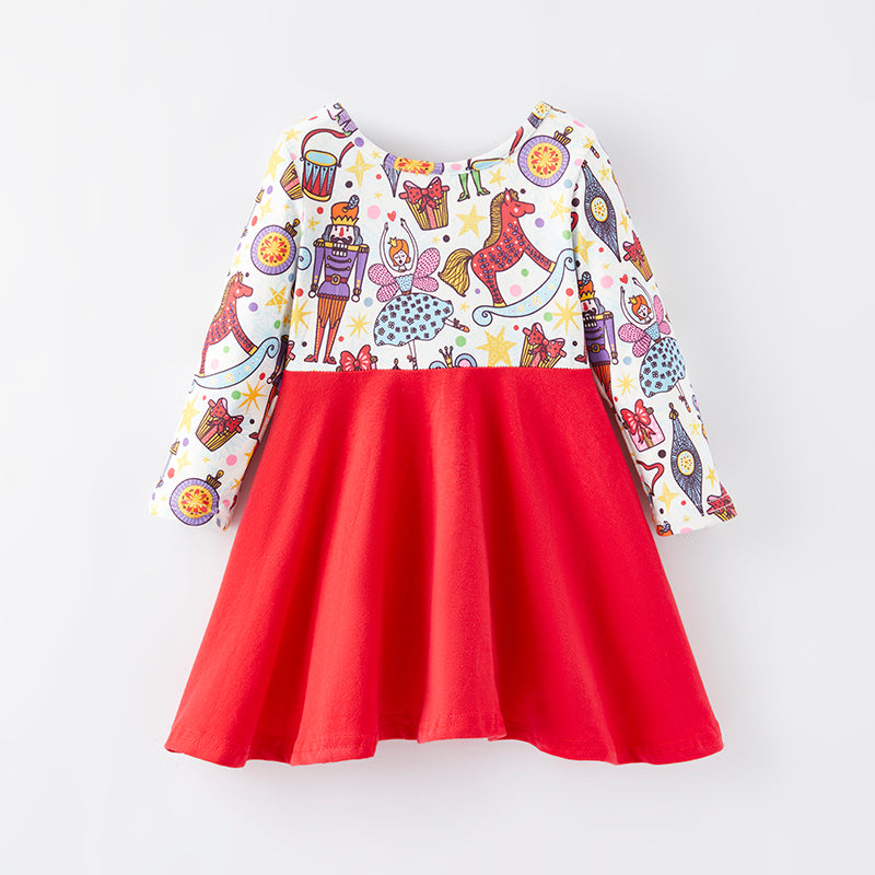 (In Stock L8-2-3)Girls Christmas Nutcracker Print Dress
