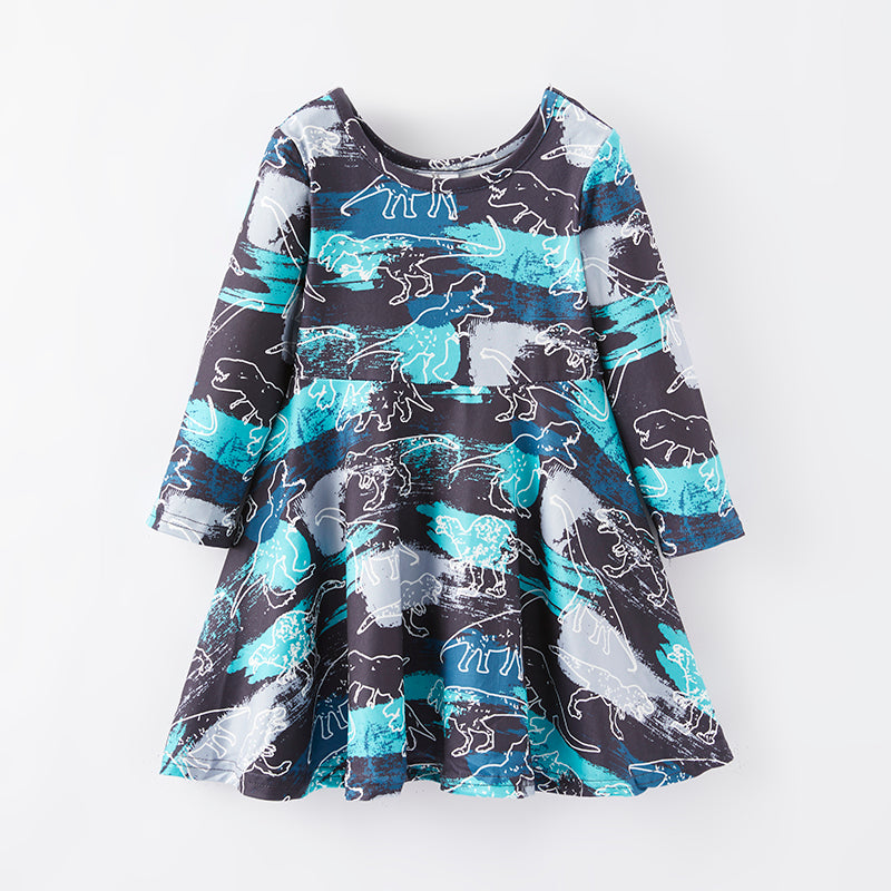 (In Stock E2-5-1)Girls Fall Dinosaur Print Dress