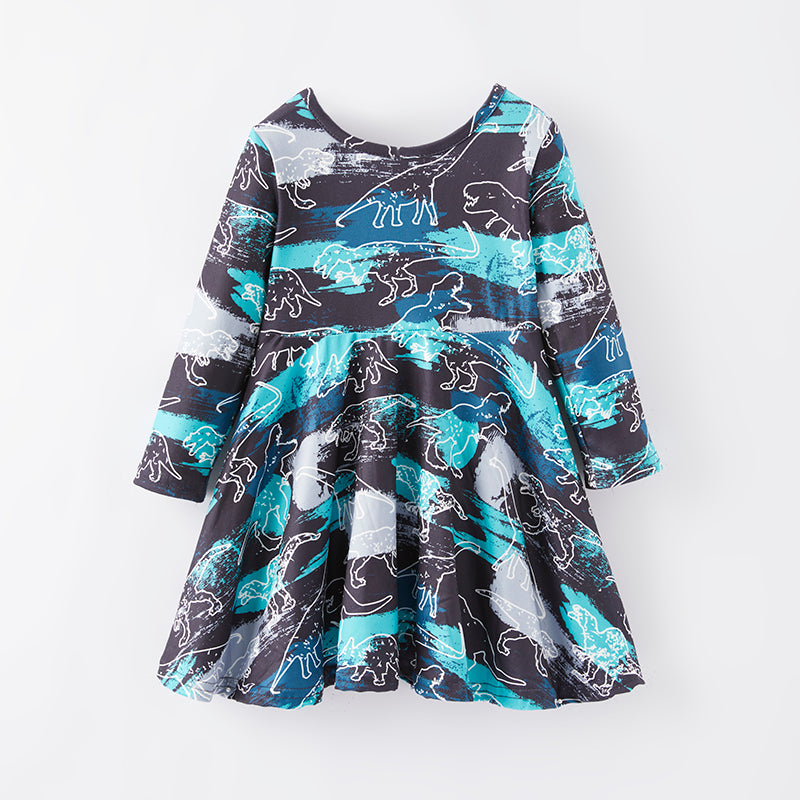 (In Stock E2-5-1)Girls Fall Dinosaur Print Dress