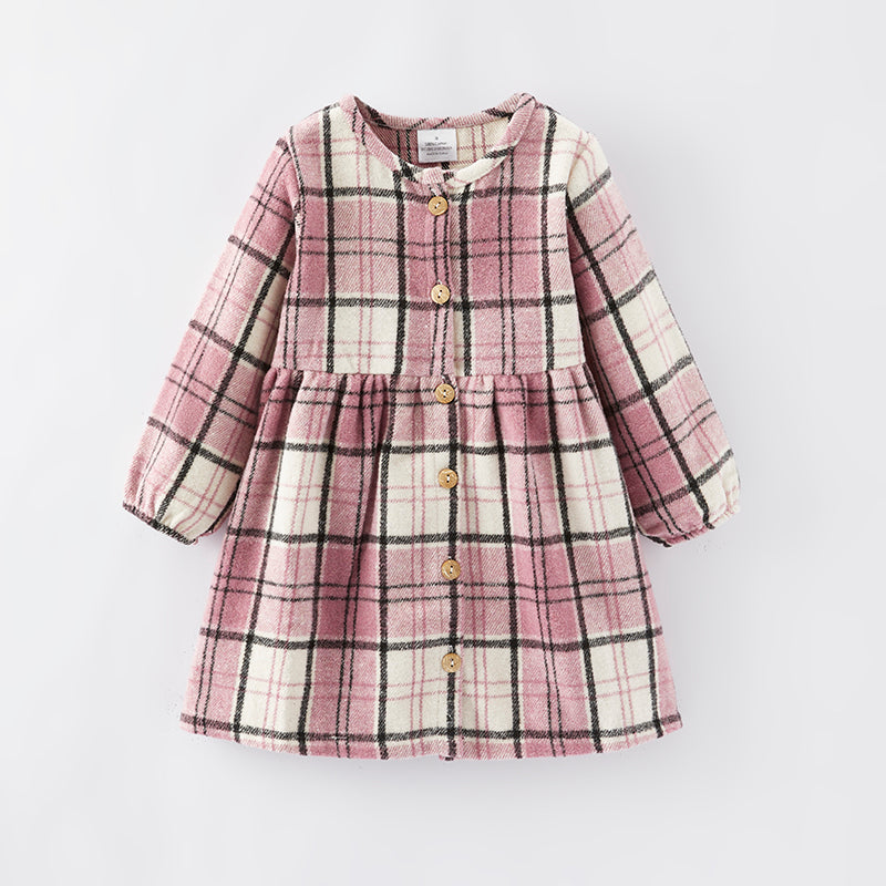 (In Stock E2-4-2)Girls Fall Pink Plaid Dress