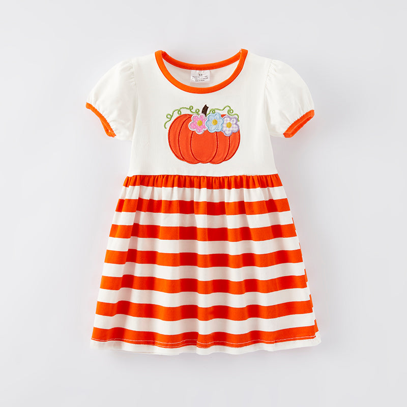 (In Stock G19-3-1)Girls Thanksgiving Pumpkin Applique Dress