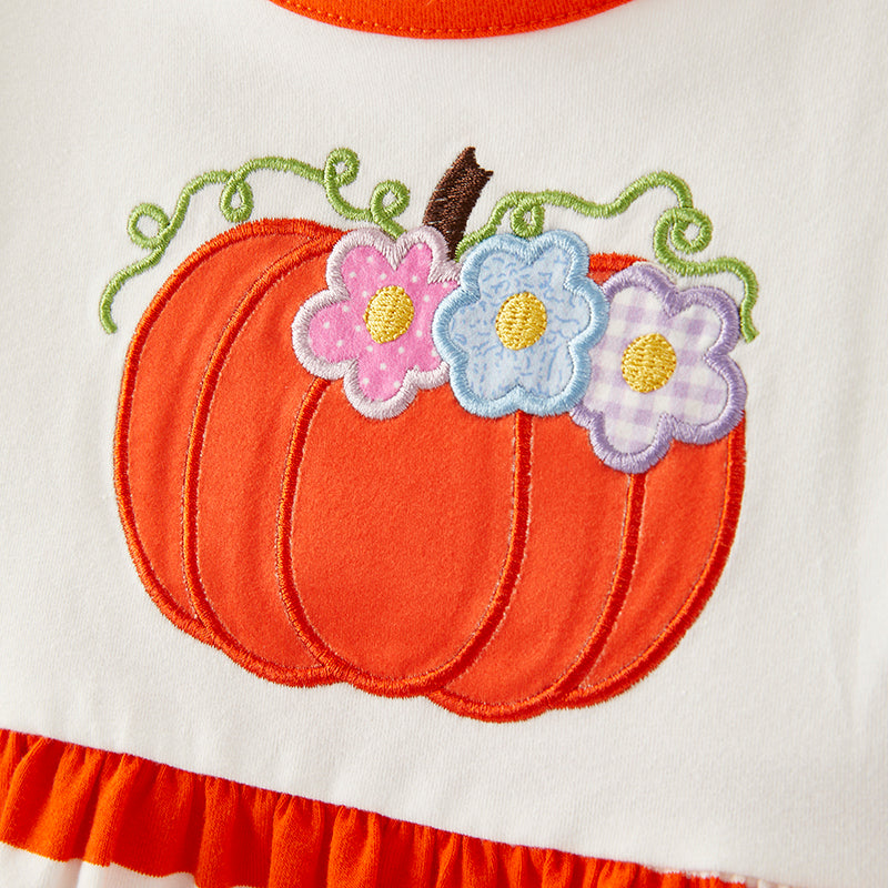 (In Stock G19-3-1)Girls Thanksgiving Pumpkin Applique Dress