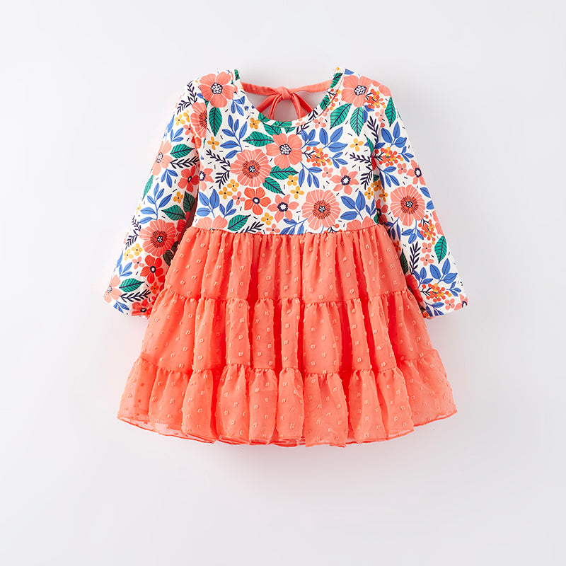 (In Stock E2-2-2)Girls Fall Floral Print Swiss Dot Dress