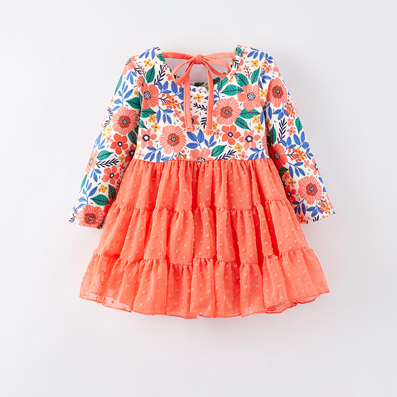 (In Stock E2-2-2)Girls Fall Floral Print Swiss Dot Dress
