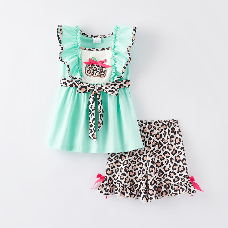 (In Stock E25-2-3)Girls Fall Leopard Pumpkin Applique Short Set