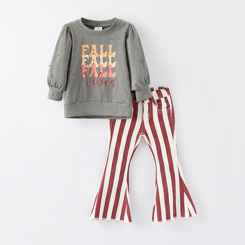 (In Stock E6-2-1)Girls FALL VIBES Print Denim Set