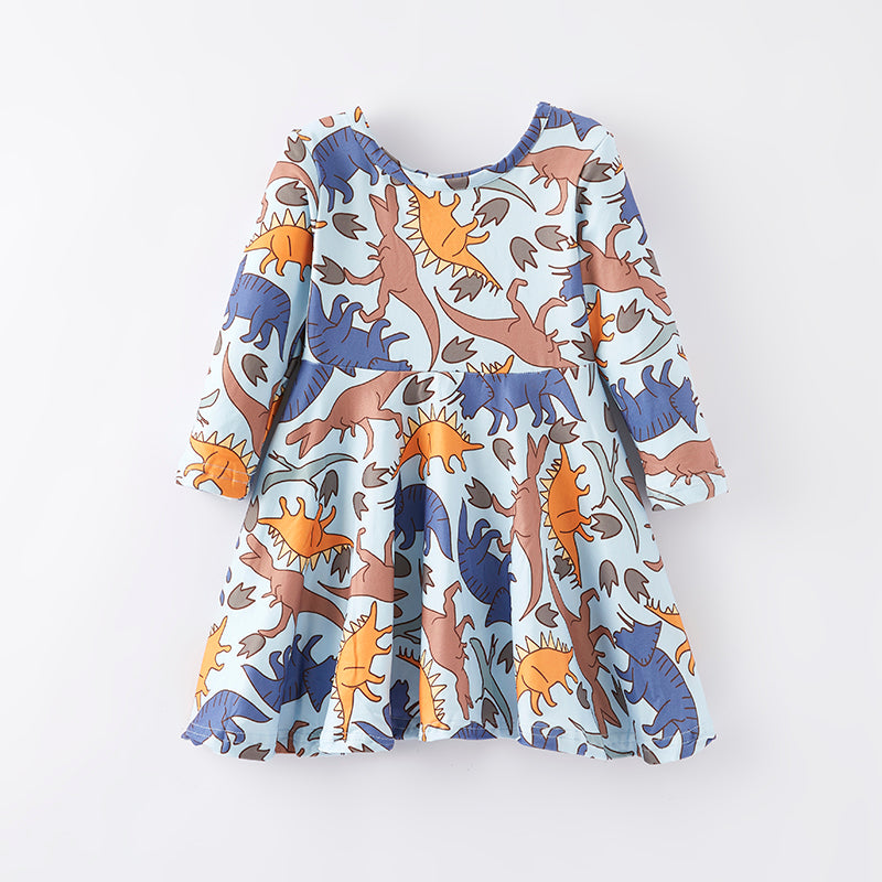 (In Stock E3-5-1)Girls Fall Dinosaur Print Dress