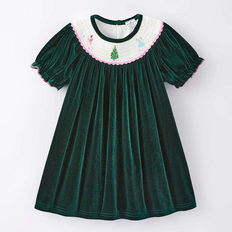 In Stock E25-4-2）Girls Christmas Embroidery Green Velvet Smocked Dres