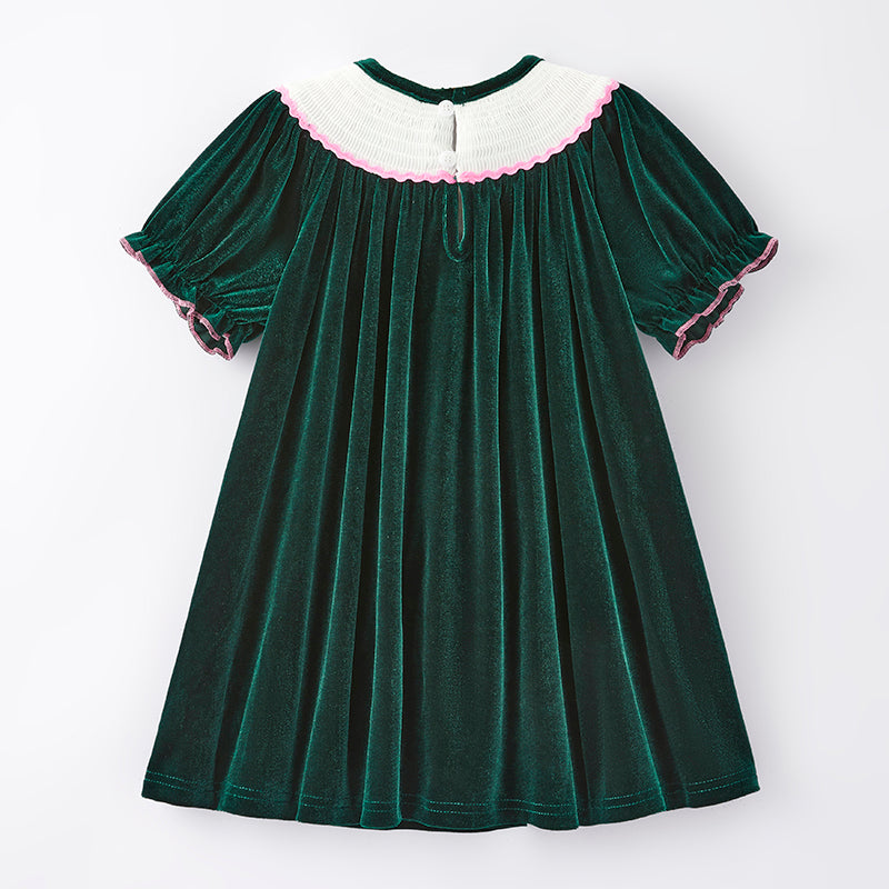 (In Stock E25-4-2)Girls Christmas Embroidery Green Velvet Smocked Dress