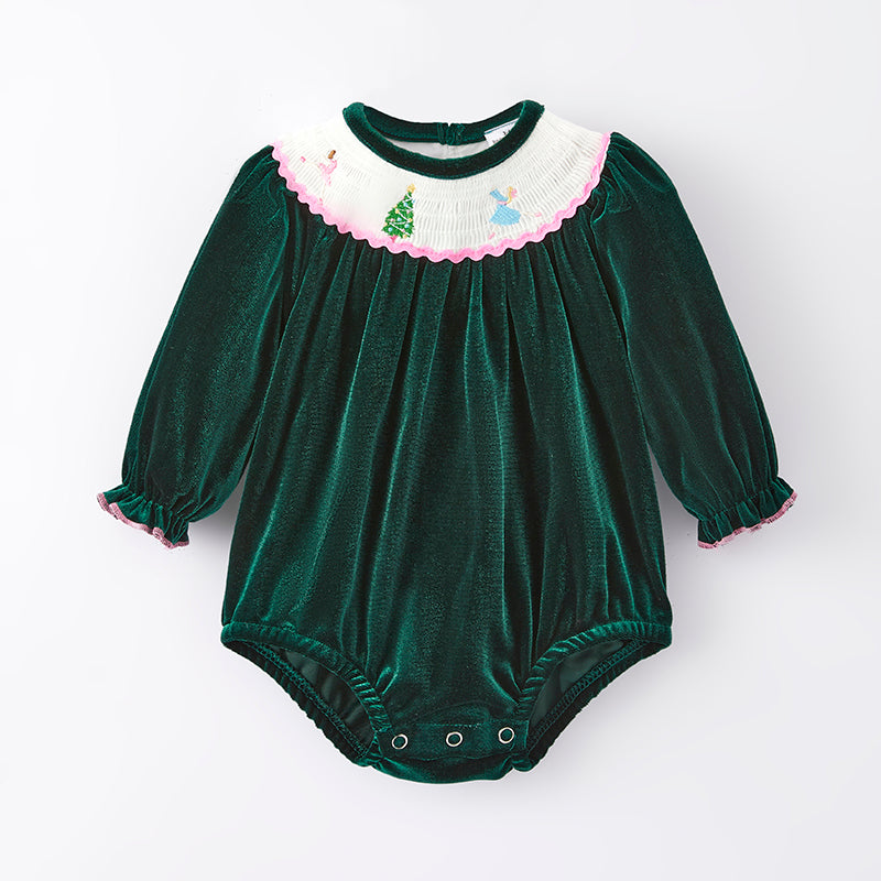 (In Stock E27-3-1)Baby Girls Christmas Embroidery Green Velvet Smocked Romper
