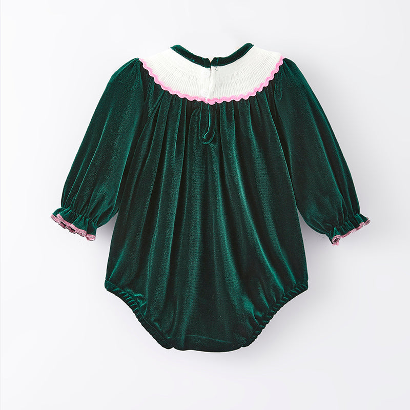 (In Stock E27-3-1)Baby Girls Christmas Embroidery Green Velvet Smocked Romper