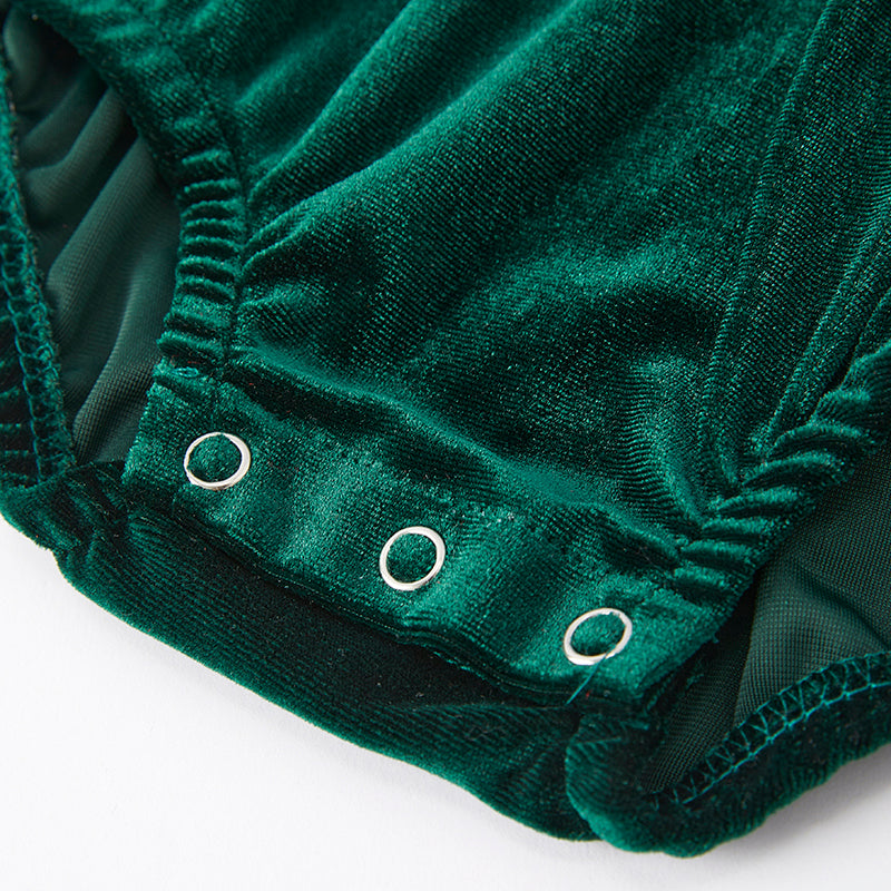 (In Stock E27-3-1)Baby Girls Christmas Embroidery Green Velvet Smocked Romper