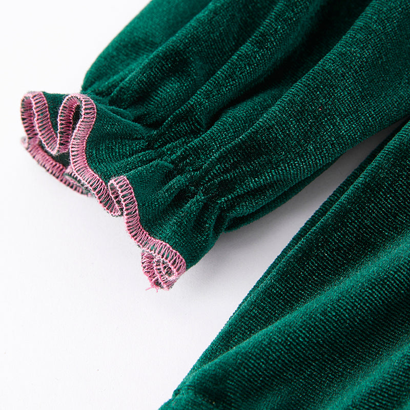 (In Stock E27-3-1)Baby Girls Christmas Embroidery Green Velvet Smocked Romper