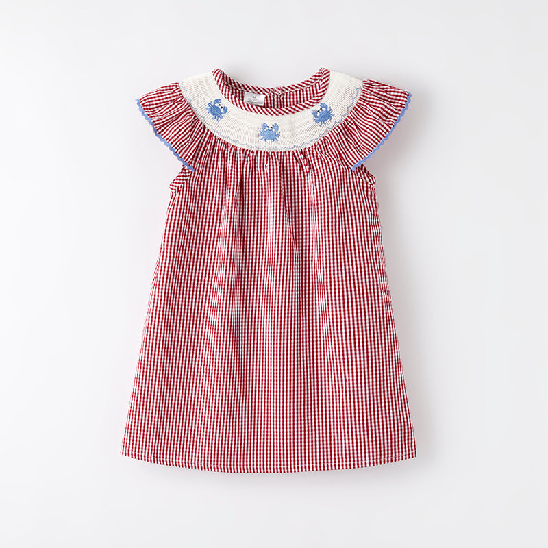 (In Stock)Girls Spring and Summer Crab Embroidery Smocked Dress