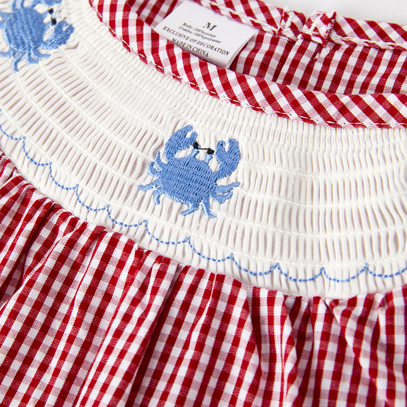 (In Stock)Girls Spring and Summer Crab Embroidery Smocked Dress