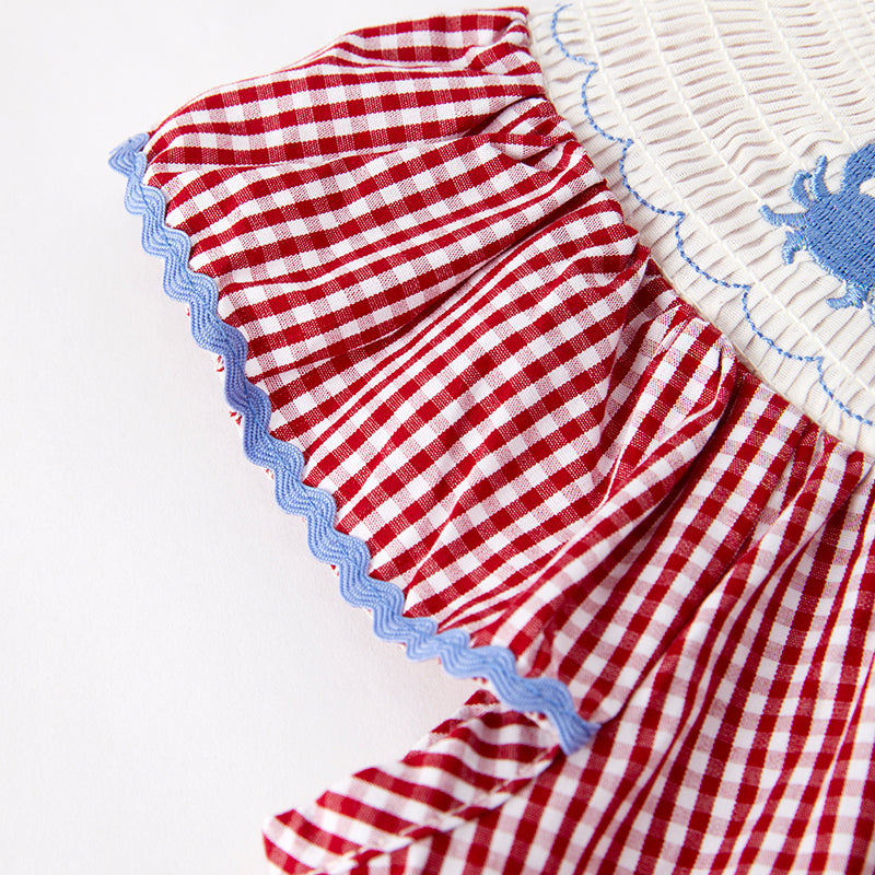 (In Stock)Girls Spring and Summer Crab Embroidery Smocked Dress