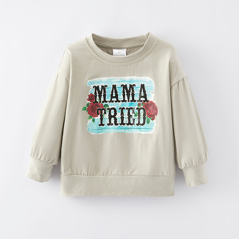 (In Stock E28-4-2)Girls Fall MAMA TRIED Print Cotton Top