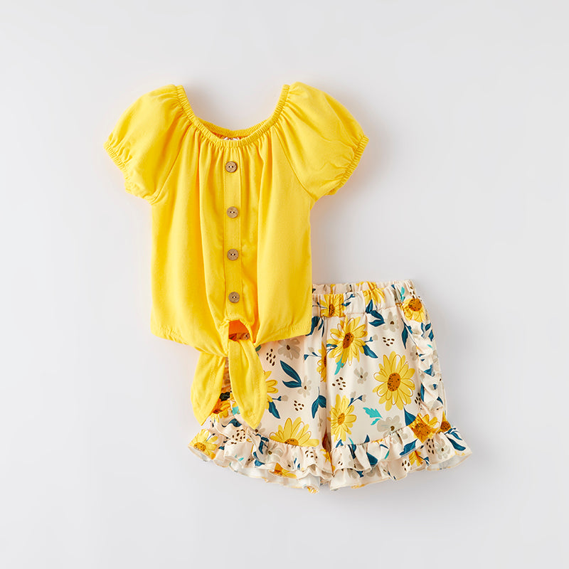 (In Stock)One Pack(10 Pieces total) Sale Girls Spring and Summer Yellow Cotton Top Floral Print Shorts Set