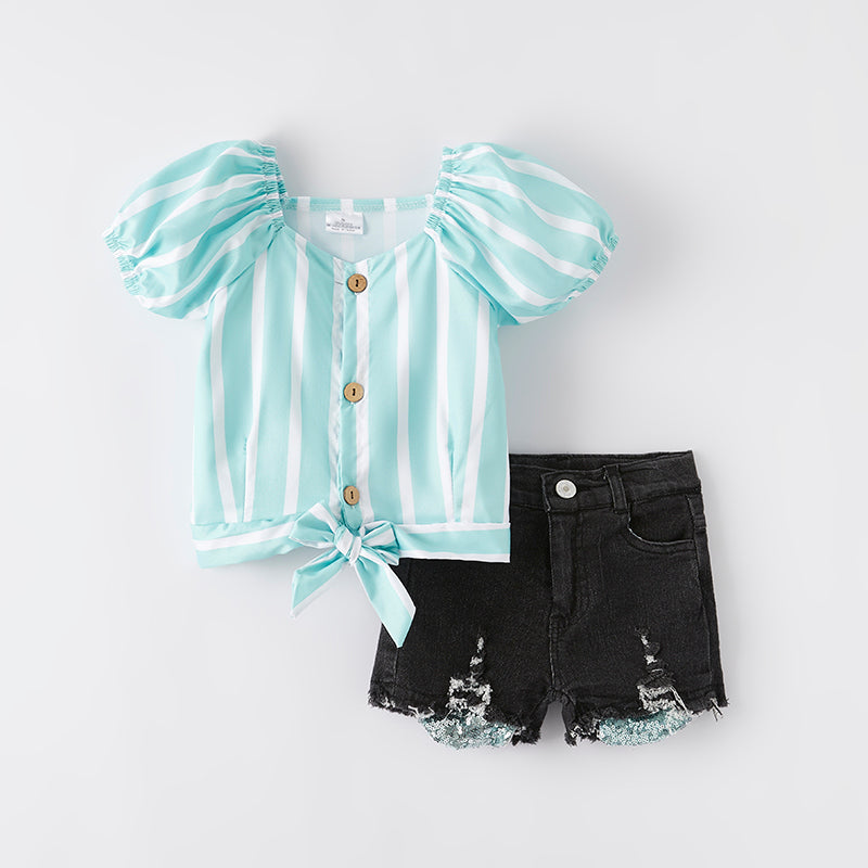 (In Stock)Girls Spring and Summer Mint Stripe Denim Set