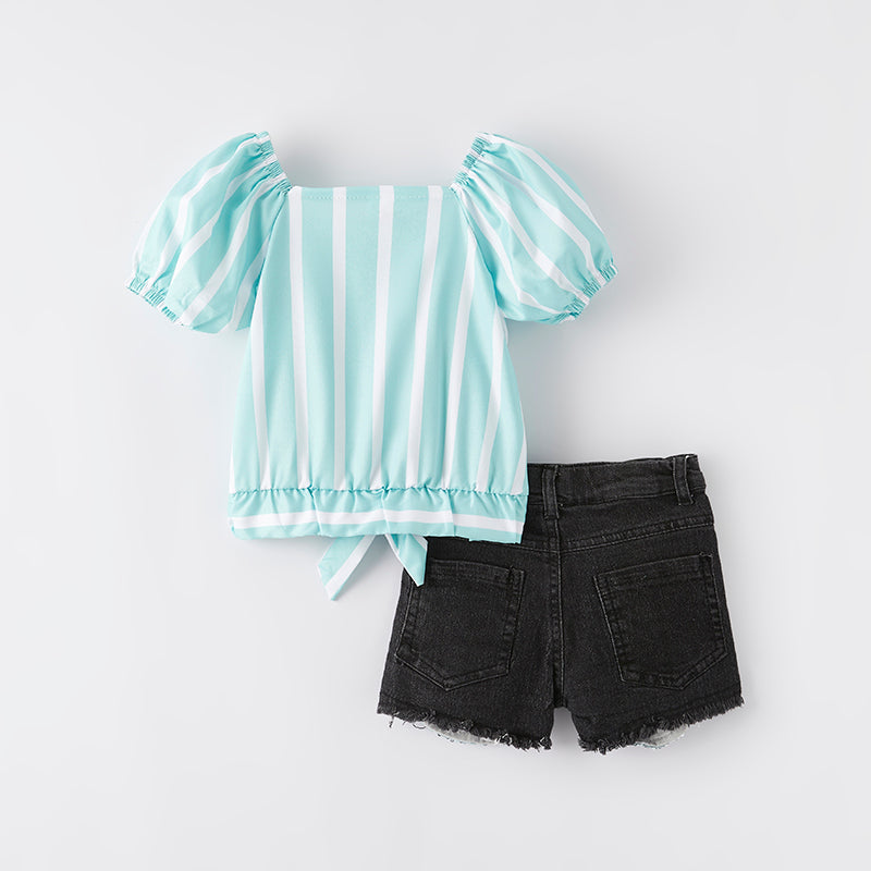 (In Stock)Girls Spring and Summer Mint Stripe Denim Set
