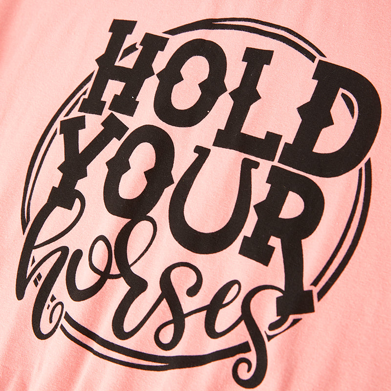 (In Stock E28-4-3)Girls Fall Hold Your Horses Print Cotton Top