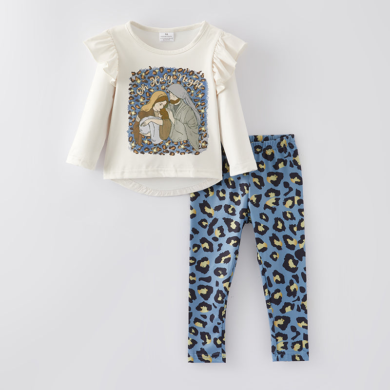 (In Stock G24-3-3)Girls Christmas Holy Night Print Outfit Set