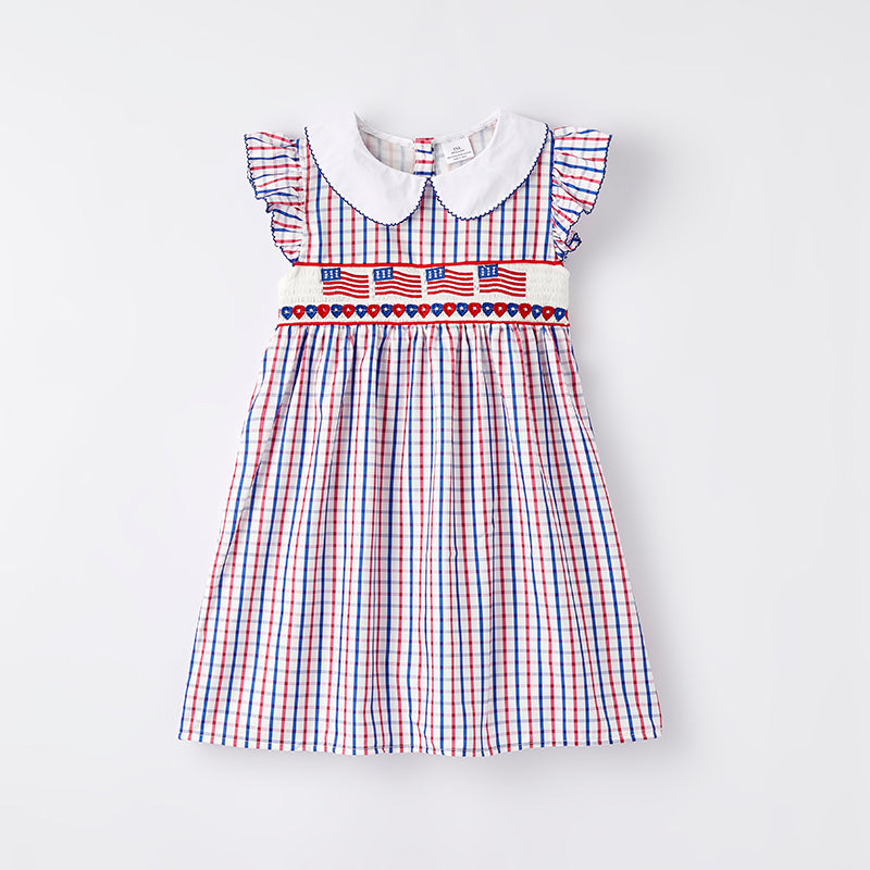 (In Stock)One Pack(1 Pieces total) Sale Girls Patriotic Embroidery Smocked Dress