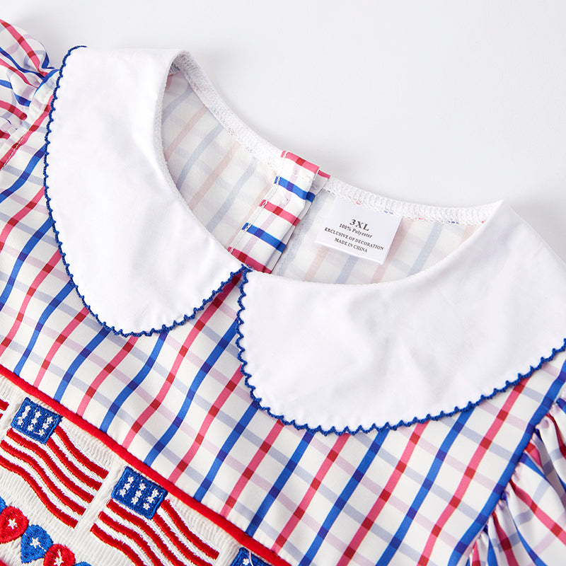 (In Stock)One Pack(1 Pieces total) Sale Girls Patriotic Embroidery Smocked Dress