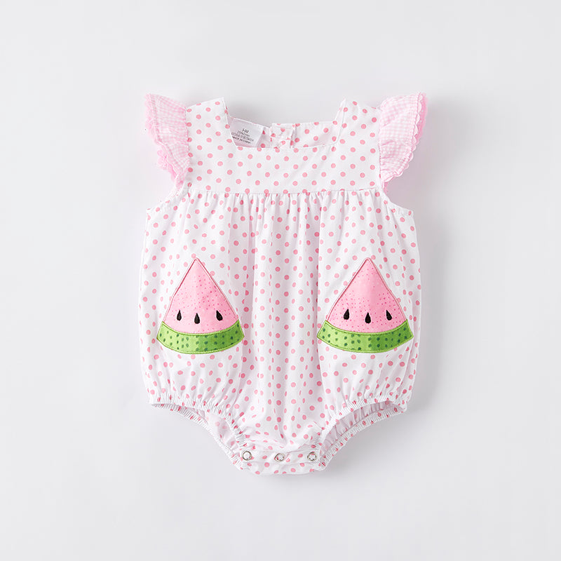 (In Stock)Toddler Girls Spring and Summer Watermelon Applique Cotton Romper