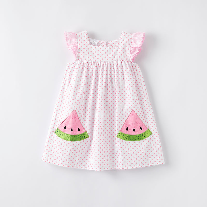 (In Stock)Girls Spring and Summer Watermelon Applique Cotton Dress