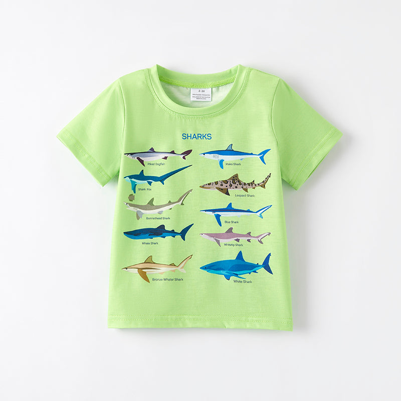(In Stock)Boys Spring and Summer Shark Print Green Top