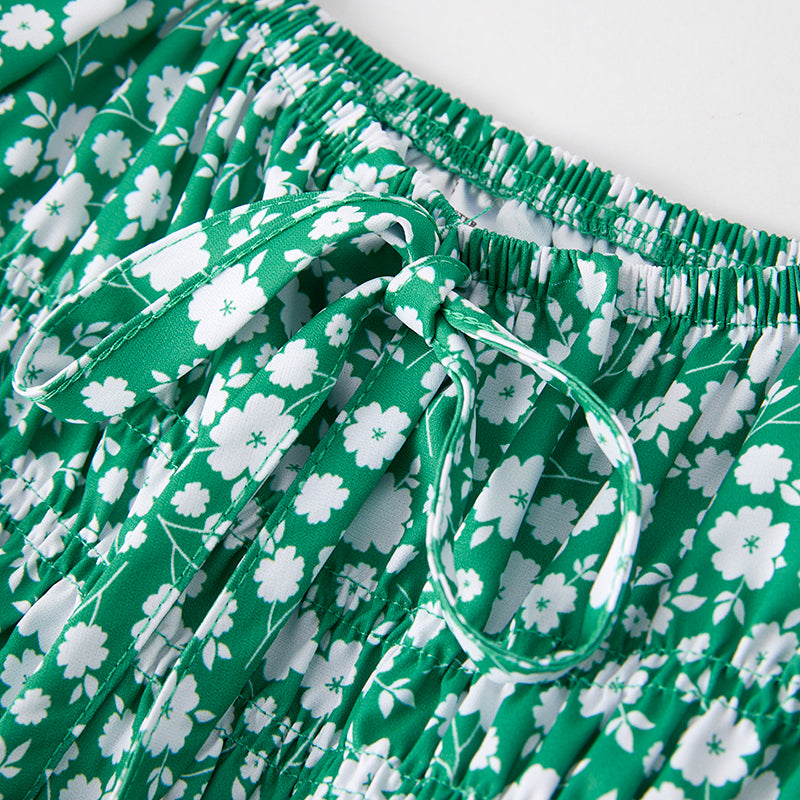 (In Stock)Girls Spring and Summer Green Floral Print Dress